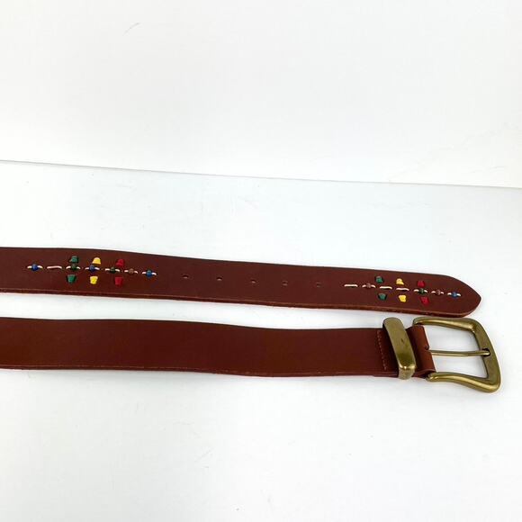 Fossil Bridle Leather Belt Stitched and Beaded Embellishment Size Large - Picture 4 of 4